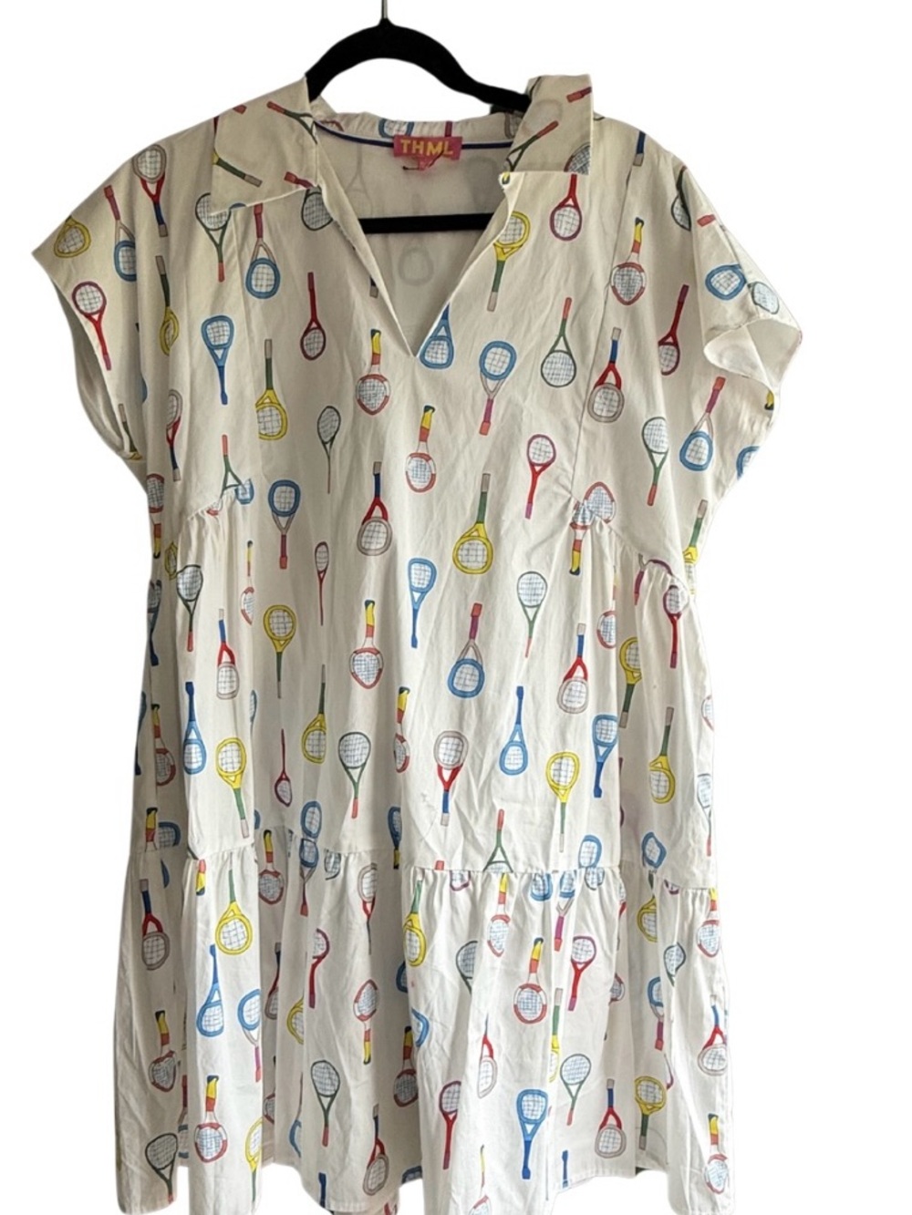 THML White Tennis Racket Print Tiered Dress with Blue, Red, Yellow